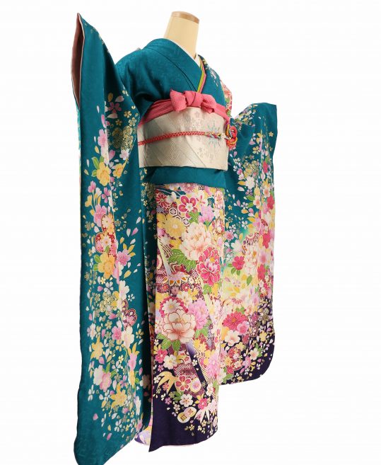 参列振袖[かわいい系]青緑に黄ぼかし裾濃紫・牡丹、桜、毬[身長169cm